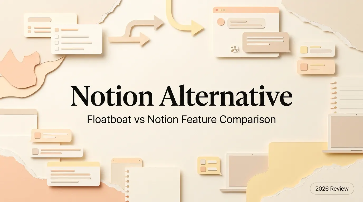 Floatboat vs Notion Feature Comparison editorial collage illustration
