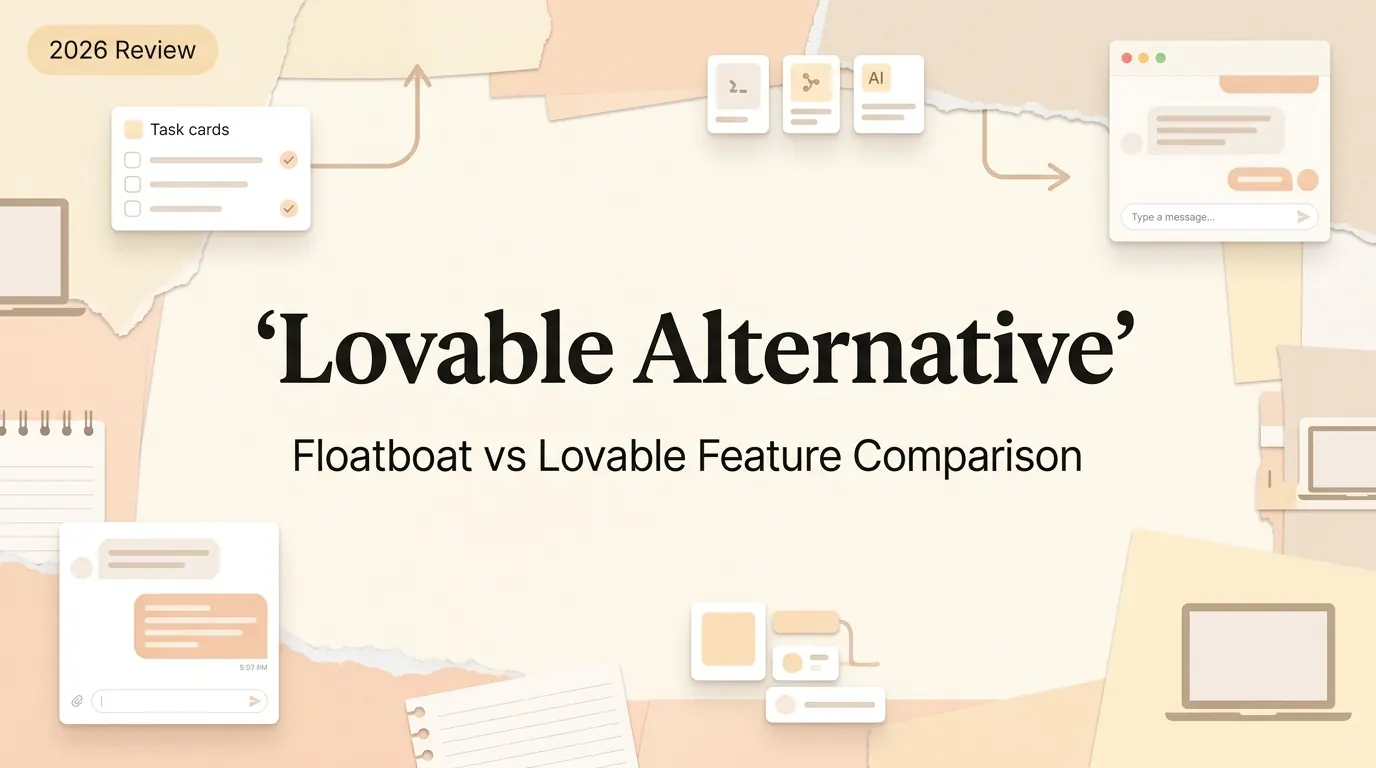 Floatboat vs Lovable Feature Comparison editorial collage illustration