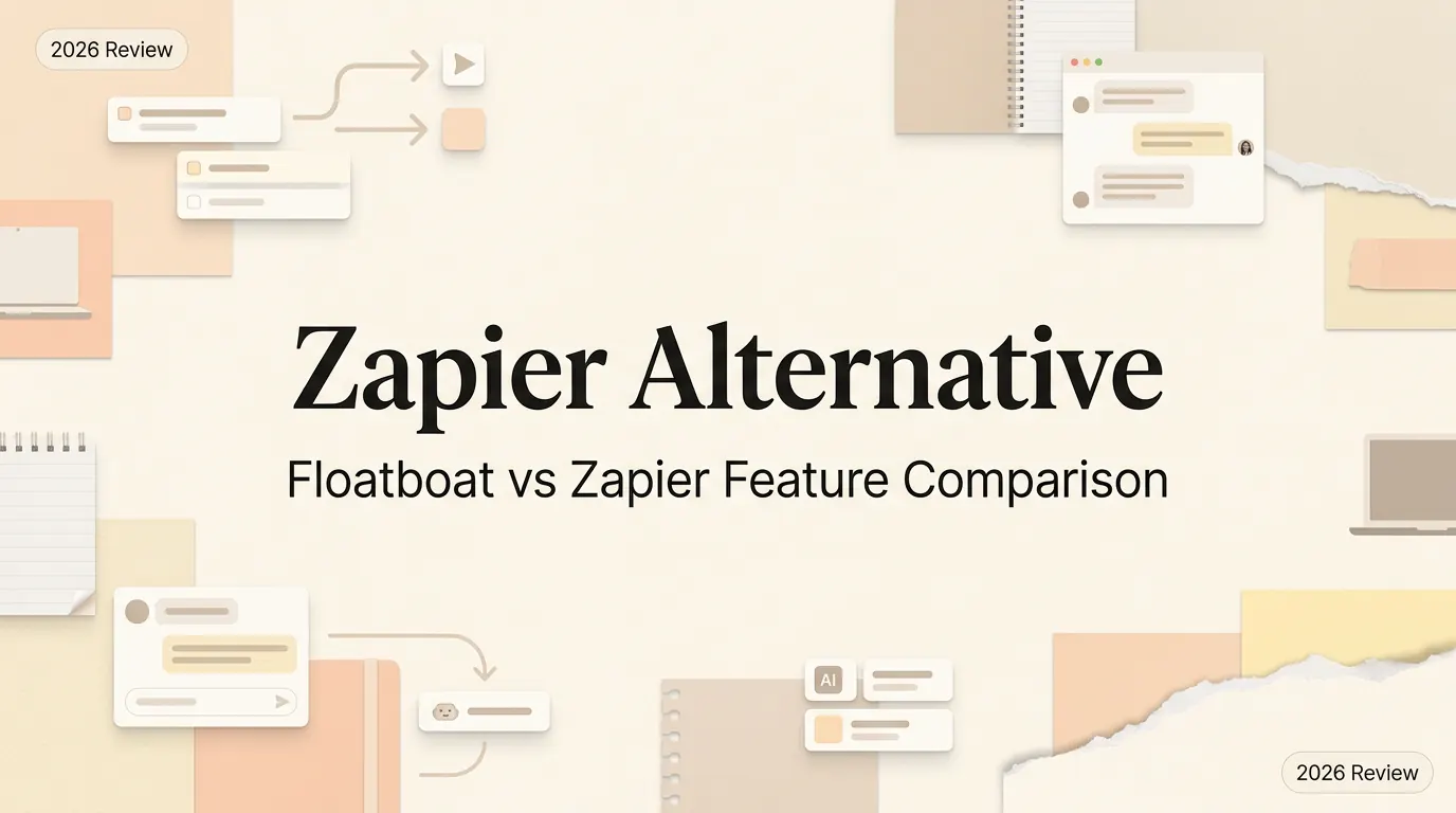 Floatboat vs Zapier Feature Comparison editorial collage illustration