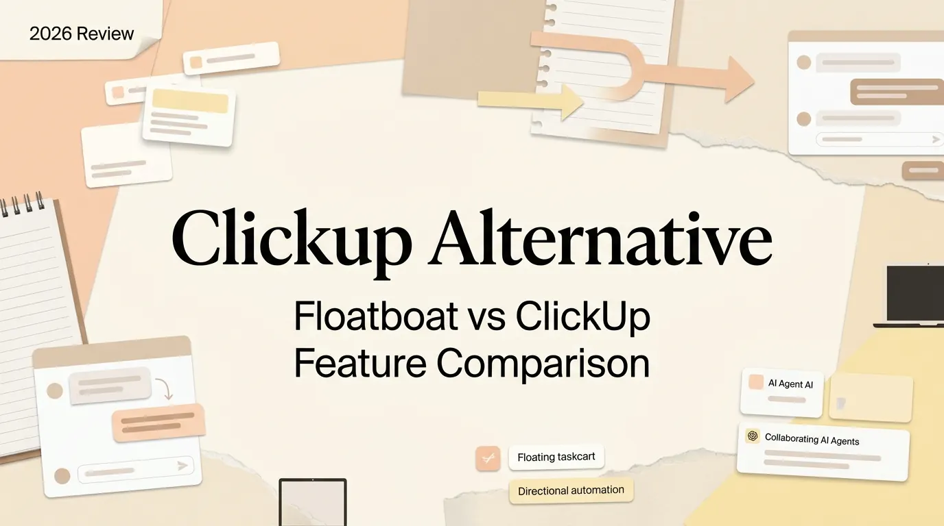 Floatboat vs ClickUp Feature Comparison editorial collage illustration