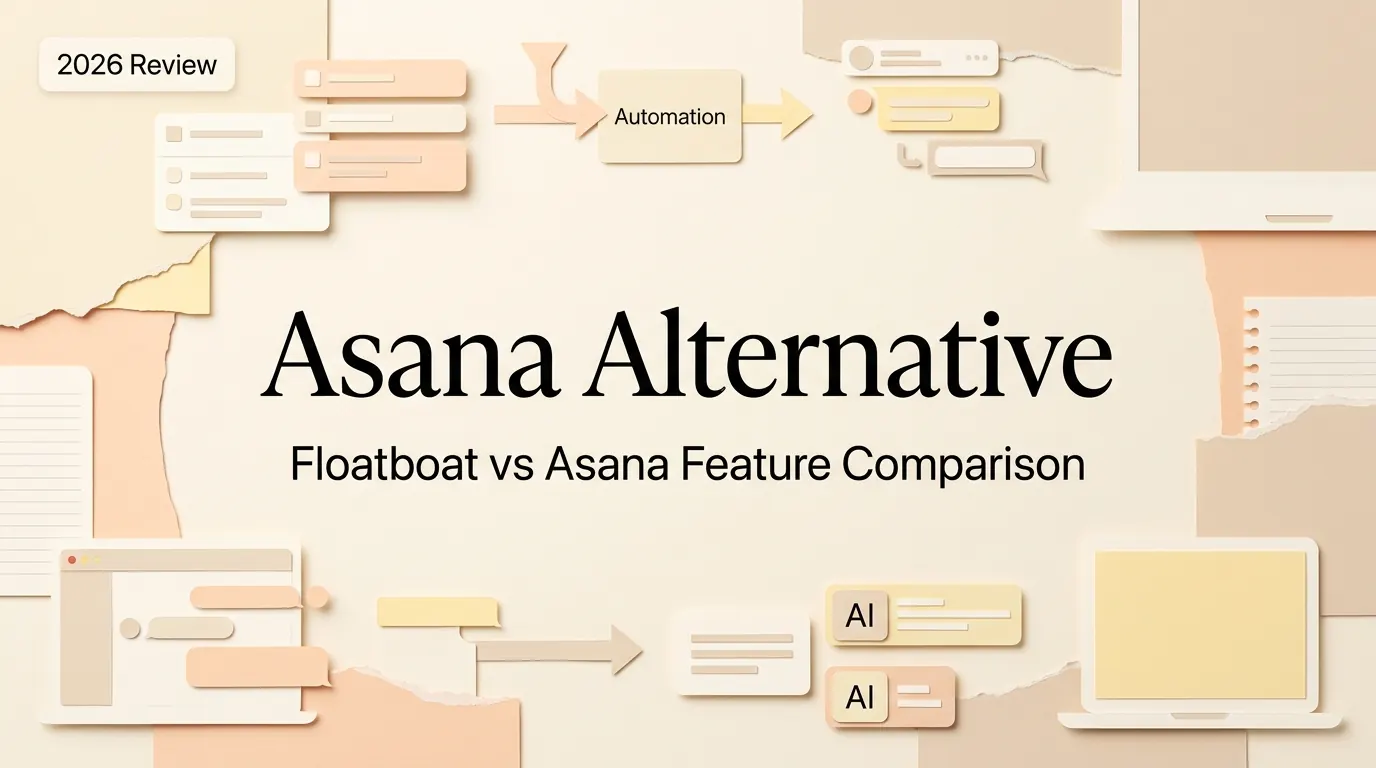 Floatboat vs Asana Feature Comparison editorial collage illustration