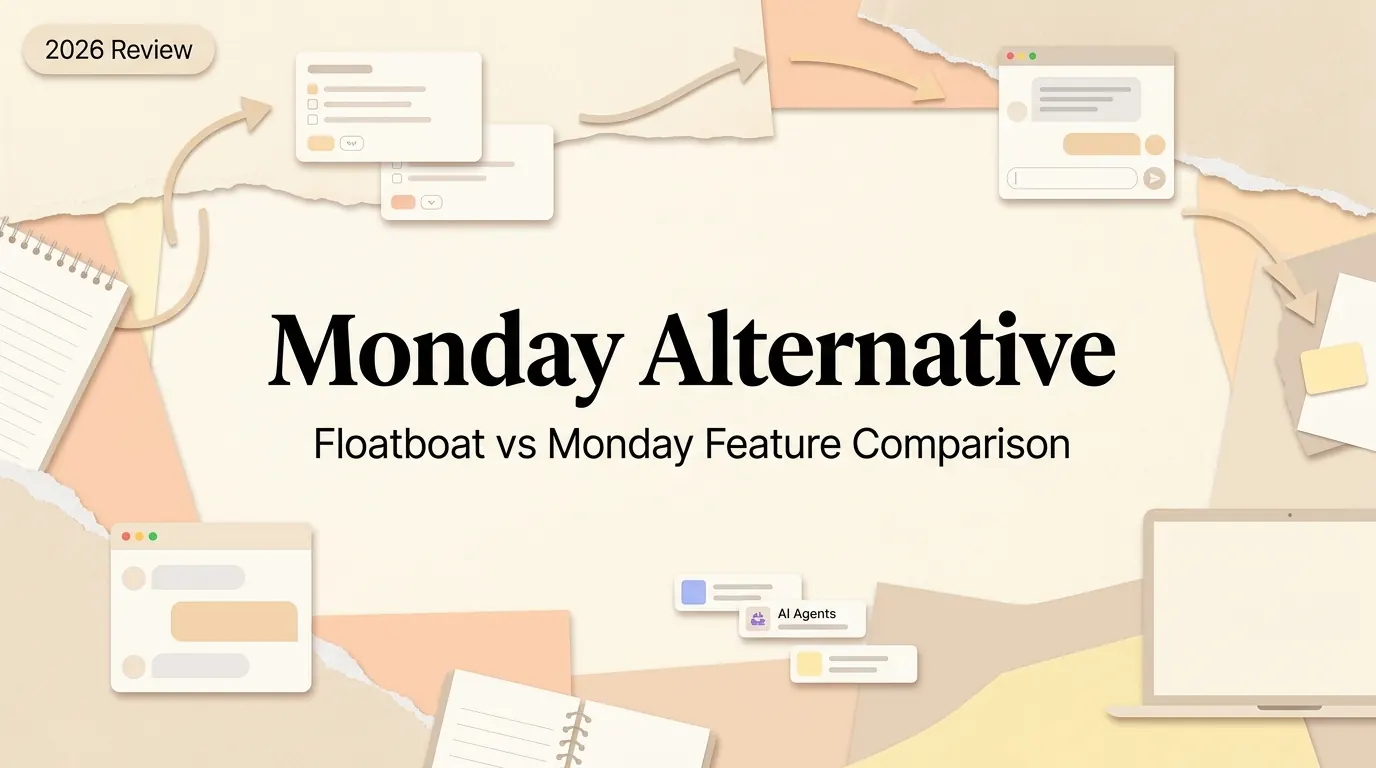 Floatboat vs Monday Feature Comparison editorial collage illustration