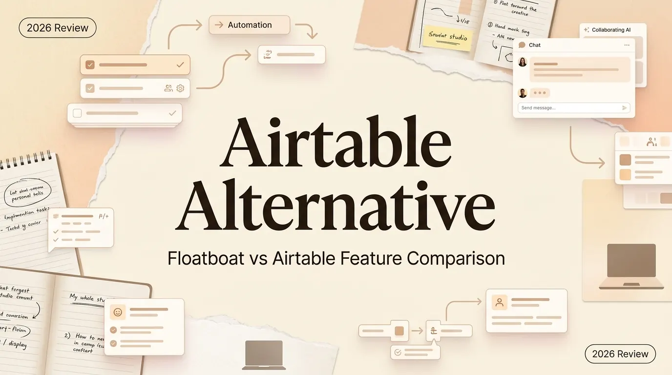 Floatboat vs Airtable Feature Comparison editorial collage illustration